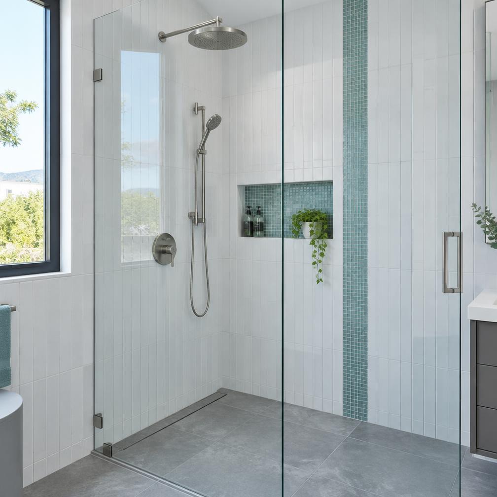 Inspiración de ducha contemporánea con azulejos blancos